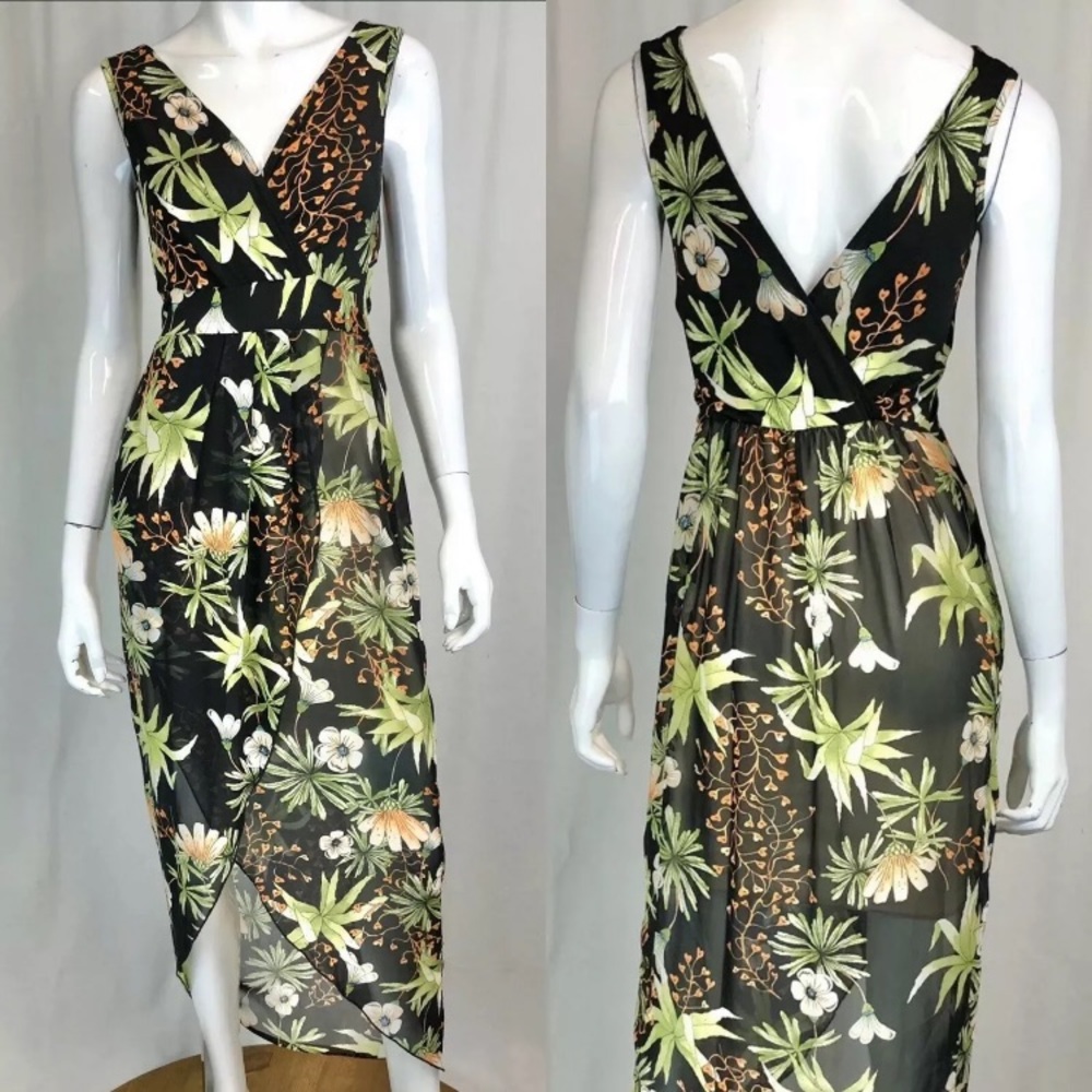Rhapsodielle Floral Wrap Sheath High Low Dress